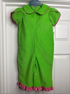 Green One-Piece Romper with Pink Trim